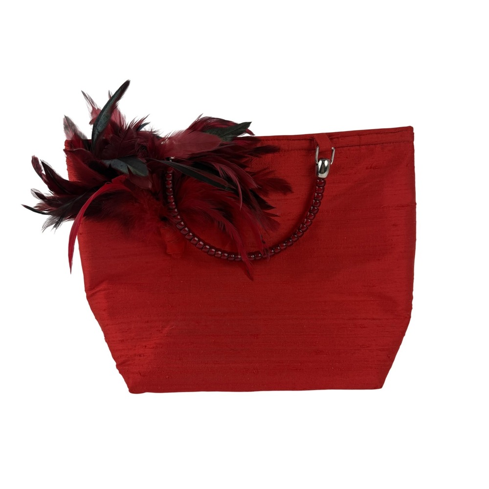 Red Haute Couture Beverly Z Feather Beaded Handle Evening Bag Silk Purse Small